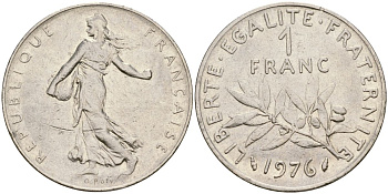 Франция 1 франк 1976 сеятель KM 925.1 никель 4165-345