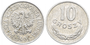 ПОЛЬША 10 ГРОШЕЙ 1961 MW KM АА47 алюминий 112-1211