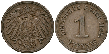 Германия 1 пфенниг 1892 G, Вильгельм II (1888-1918) KM 10, J. 10 медь 1524-544