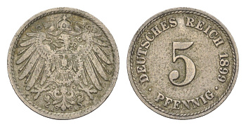 Германия 5 пфеннигов 1899 A, Вильгельм II (1888-1918) KM 11, J. 12 медно-никель 4647-857