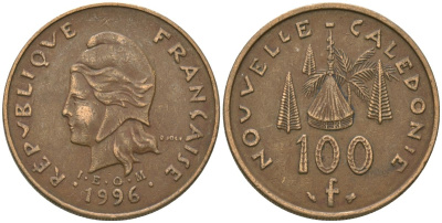 Французская Новая Каледония 100 франков 1996 хижина среди сосен и пальм, (IEOM) KM 15, Schoen 16, Lec 139 никель бронза 88-1211