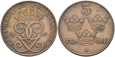 Швеция 5 эре 1940 Густав V (1907-1950), serif 4 KM 779.2 бронза 4557-642