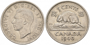 Канада 5 центов 1940 бобр, Георг VI (1937-1952) KM 33 никель 73-1154