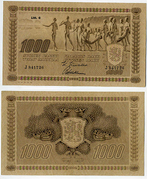 Финляндия 1000 марок 1922 (1931-1945) литера С, серия J Pick 67 бумага 451-194-1