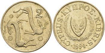Кипр 2 цента 1994 KM 54.3 никель латунь 4174-1265