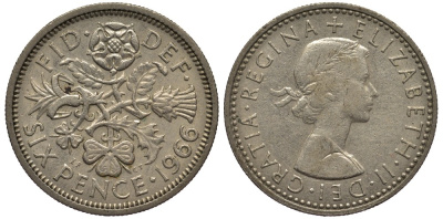 Великобритания 6 пенсов 1966 Елизавета II (1952-2022) KM 903, Spink 4149 медно-никель 4538-651