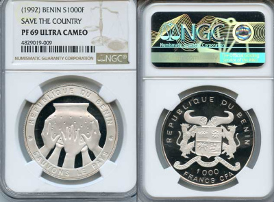 Бенин 1000 франков 1992 спасите страну, пять рук держат сосуд, в слабе NGC PF 69 ULTRA CAMEO KM 1 серебро  PROOF  15-011-02