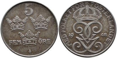 Швеция 5 эре 1948 Густав V (1907-1950) KM 812 железо 36-331