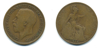 Великобритания 1 пенни 1916 Георг V (1910-1936) КМ 810, Spink 4051 бронза 4110-133