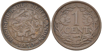 НИДЕРЛАНДЫ 1 ЦЕНТ 1930 ВИЛЬГЕЛЬМИНА (1890-1948) KM 152 бронза 76-166
