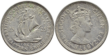 Британские Восточно-Карибские территории 25 центов 1965 Елизавета II (1952-2022), парусник KM 6 медно-никель 80-551