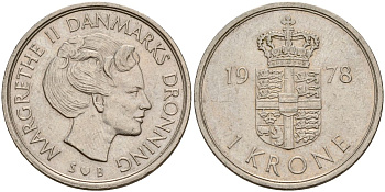 Дания 1 крона 1978 S; B, Маргрете II (1972-) KM 862.1 медно-никель 4150-857