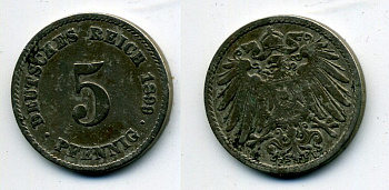 ГЕРМАНИЯ 5 ПФЕННИГОВ 1899 F, KM 11, J. 12 медно-никель 58-323