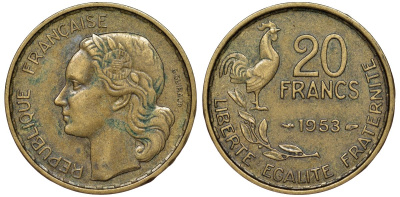 Франция 20 франков 1953 KM 917.1 алюминиевая бронза 51-2823