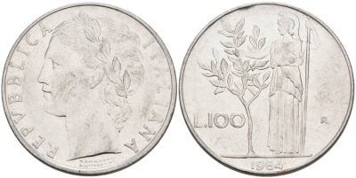 Италия 100 лир 1964 R, АФИНА В ДОСПЕХАХ KM 96.1 нержавеющая сталь 4572-331