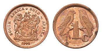 ЮАР 1 цент 1990 герб, капские воробьи KM 132 сталь плакированная медью UNC 4690-1016