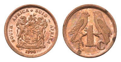 ЮАР 1 цент 1990 герб, капские воробьи KM 132 сталь плакированная медью UNC 4690-1016