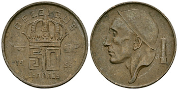 Бельгия 50 сантимов 1955 BELGIQUE KM 144 бронза 4164-1042
