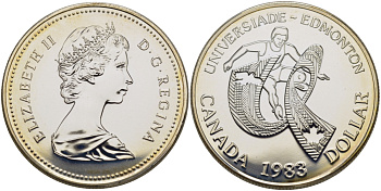 Канада 1 доллар 1983 XII летняя Универсиада в Эдмонтоне, в оригинальной коробке KM 138 серебро  UNC  2-5-2-22