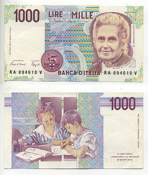 Италия 1000 лир 1990 Мария Монтессори Pick 114а бумага UNC (пресс) 6294-73-3