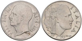 ИТАЛИЯ 20 ЧЕНТЕЗИМО 1942 R, ГОД XX, ВИКТОР ЭММАНУИЛ III (1900-1946), МАГНИТНАЯ, ГУРТ РИФЛЁНЫЙ KM 75b, VEM3. 1029 нержавеющая сталь 3853-427