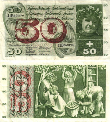 Швейцария 50 франков 1973 7 марта 1973, серия 41 B, подпись 45 Pick 48 m бумага 8606-18-1-2