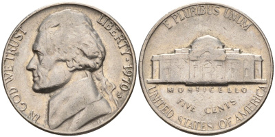 США 5 центов 1970 D, Джефферсон KM A192 медно-никель 4141-111