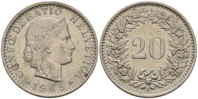 Швейцария 20 раппенов 1969 KM 29а медно-никель 4606-713