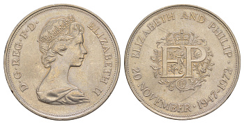Великобритания 25 пенсов 1972 25 лет со дня свадьбы Елизавтеы II И Филлипа (1947-1972, серебрянная свадьба), Елизавета II (1952-2022) KM 917, Spink 4226 медно-никель UNC 4527-311