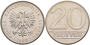 Польша 20 злотых 1990 MW KM 153.2, Parchimowicz 255b медно-никель 4566-433