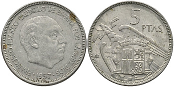 Испания 5 песет 1957 (64) Франсиско Франко (1939-1975) KM 786 медно-никель 4171-457