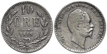 Швеция 10 эре 1855 T, Оскар I (1844-1859) KM 683 (473) серебро 201-1117