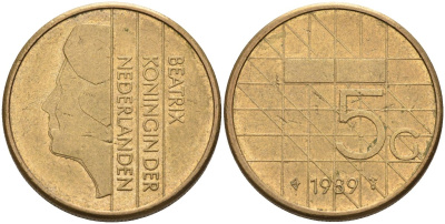 Нидерланды 5 гульденов 1989 Беатрикс (1980-2013) KM 210 никель плакированный бронзой 4584-223