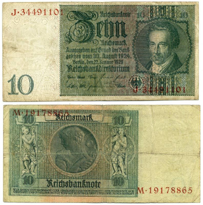 Германия 10 рейхсмарок 1929 Альбрехт Д. Тэер, буква K, серия J Pick 180a, Ros. 173е  бумага 3295-63-3