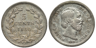 Нидерланды 5 центов 1850 Виллем III (1849-1890), точка после даты KM 91 серебро 443-533