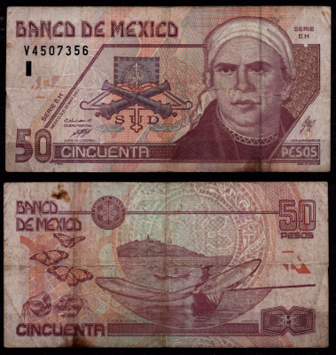 Мексика 50 песо 2002 Море́лос Хосе Мария, штат Мичоакан, бабочки 
Pick 117 бумага 8604-11-2-1