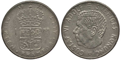 Швеция 1 крона 1972 U, Густав VI Адольф (1950-1973) KM 826а медь плакированная медно-никелем 113-814