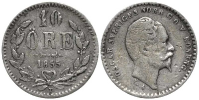 Швеция 10 эре 1855 T, Оскар I (1844-1859) KM 683 (473) серебро 201-1117