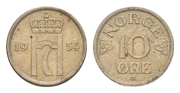 Норвегия 10 эре 1954 Хокон VII (1905-1957) KM 396 медно-никель UNC 4632-1142