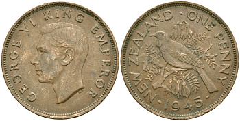 Новая Зеландия 1 пенни 1945 птица туи, король Георг VI (1937 - 1952) KM 13 бронза 4165-1244