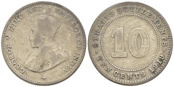 Стрейтс-Сетлментс 10 центов 1919 Георг V (1910-1936) KM 29а серебро 218-844