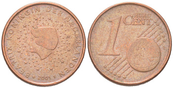 Нидерланды 1 евроцент 2001 Беатрикс (1980-2013) KM 234 сталь плакированная медью 4614-664