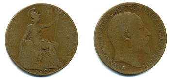 Великобритания 1 пенни 1909 Эдуард VII (1901-1910) KM 794.2, Spink 3990 бронза 47-735