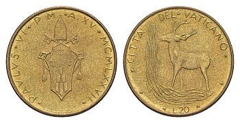 Ватикан 20 лир 1977 KM 120 алюминиевая бронза UNC 4632-925