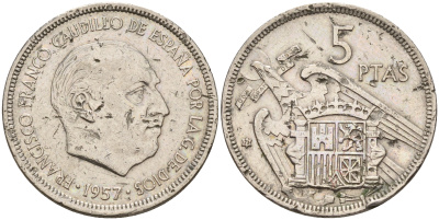 Испания 5 песет 1957 (73) 1957 год, Франсиско Франко (1939-1975) KM 786 медно-никель    4143-221