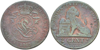 БЕЛЬГИЯ 2 САНТИМА 1868 BELGES KM 4.2 медь 210-1043