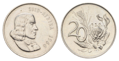 ЮАР 20 центов 1966 Ян ван Рибек (1619-1677), Suid Africa, легенда на африкаанс, цветок протея KM 69.2 никель UNC 4678-1026