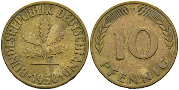 ФРГ 10 ПФЕННИГОВ 1950 D KM 108, J.383 сталь плакированная латунью 75-613