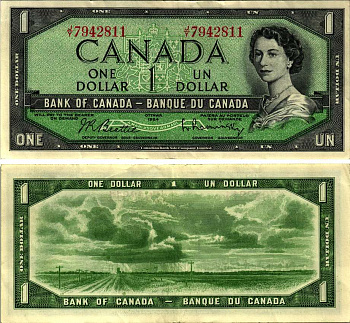 КАНАДА 1 ДОЛЛАР 1961-1972 ЕЛИЗАВЕТА II, ПОДПИСЬ BEATTIE-RASMINSKY, CBNC Pick 74b бумага XF 7221-60-1