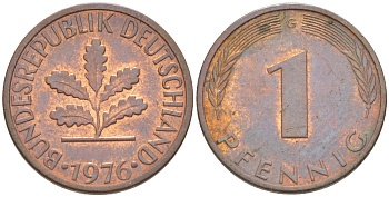 ФРГ 1 ПФЕННИГ 1976 G KM 105, J. 380 сталь плакированная медью 4181-619